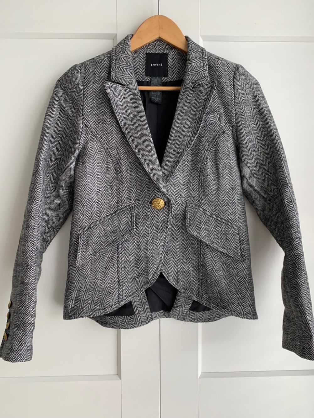 Smythe Houndstooth Equestrian Blazer Size 8 100% Linen with Leather Elbow Patch